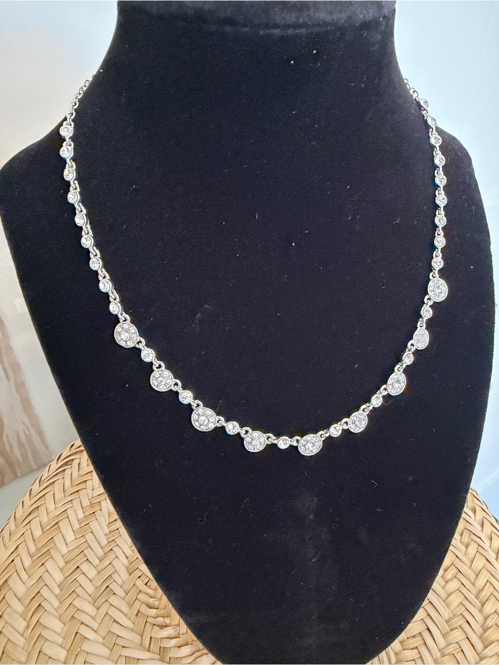 Monet Silvertone Art Deco Crystal Station Necklace with Round Rhinestone Accents